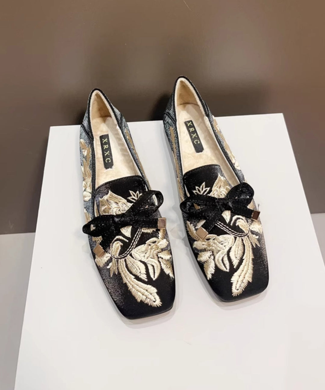 Black Embroidered Wool-Lined Flat Shoes