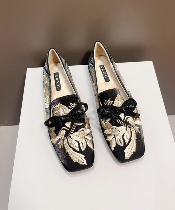 Black Embroidered Wool-Lined Flat Shoes