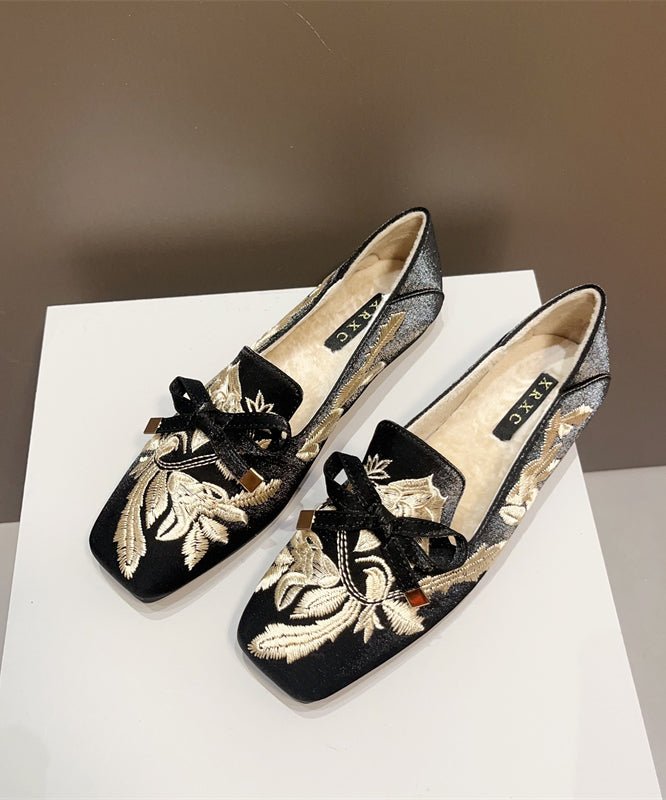Black Embroidered Wool-Lined Flat Shoes