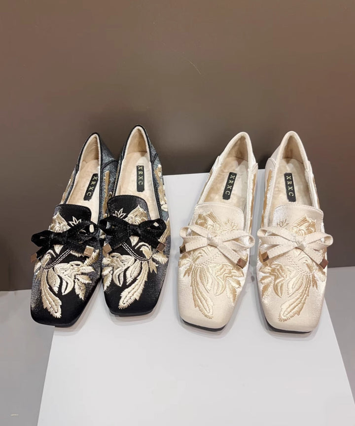 Black Embroidered Wool-Lined Flat Shoes