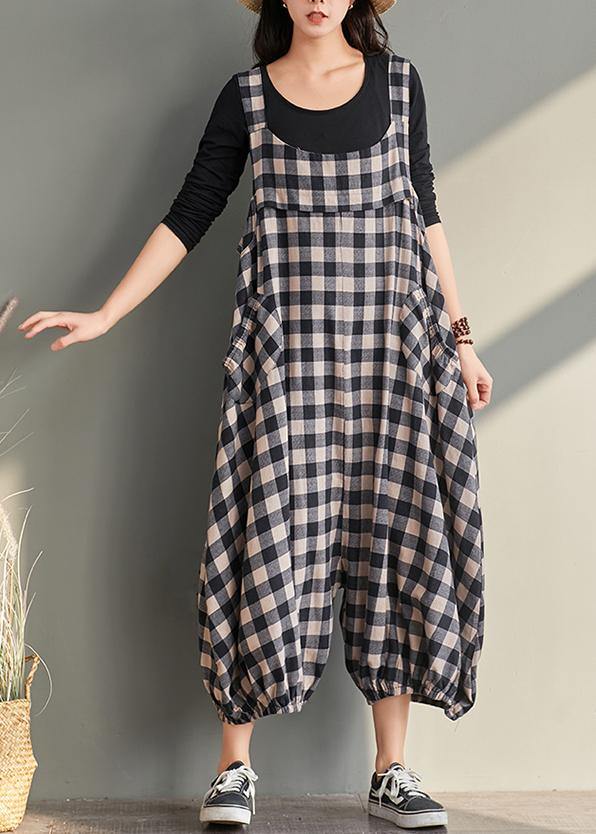 Plaid Cotton Linen Overall Jumpsuit