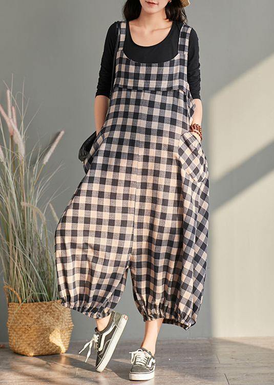 Plaid Cotton Linen Overall Jumpsuit