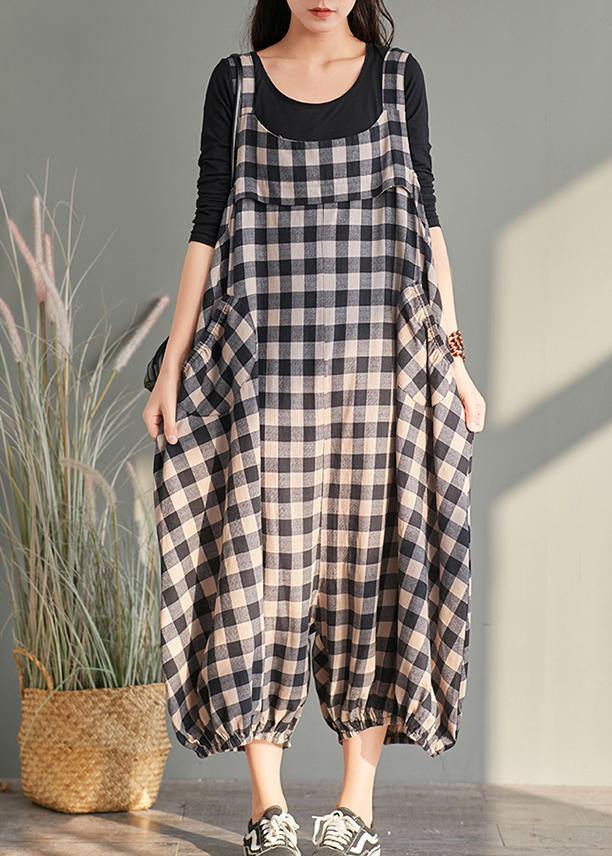 Plaid Cotton Linen Overall Jumpsuit