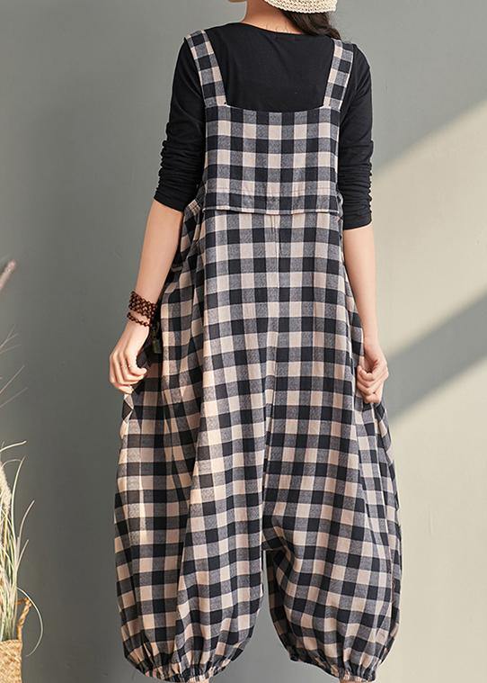 Plaid Cotton Linen Overall Jumpsuit
