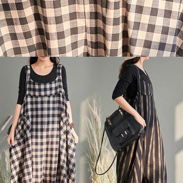 Plaid Cotton Linen Overall Jumpsuit