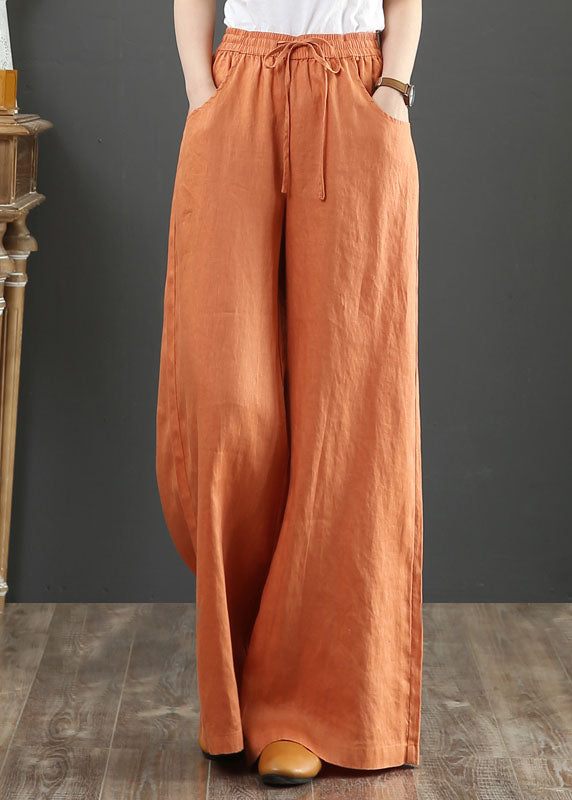 Orange Drawstring Straight Linen Pants