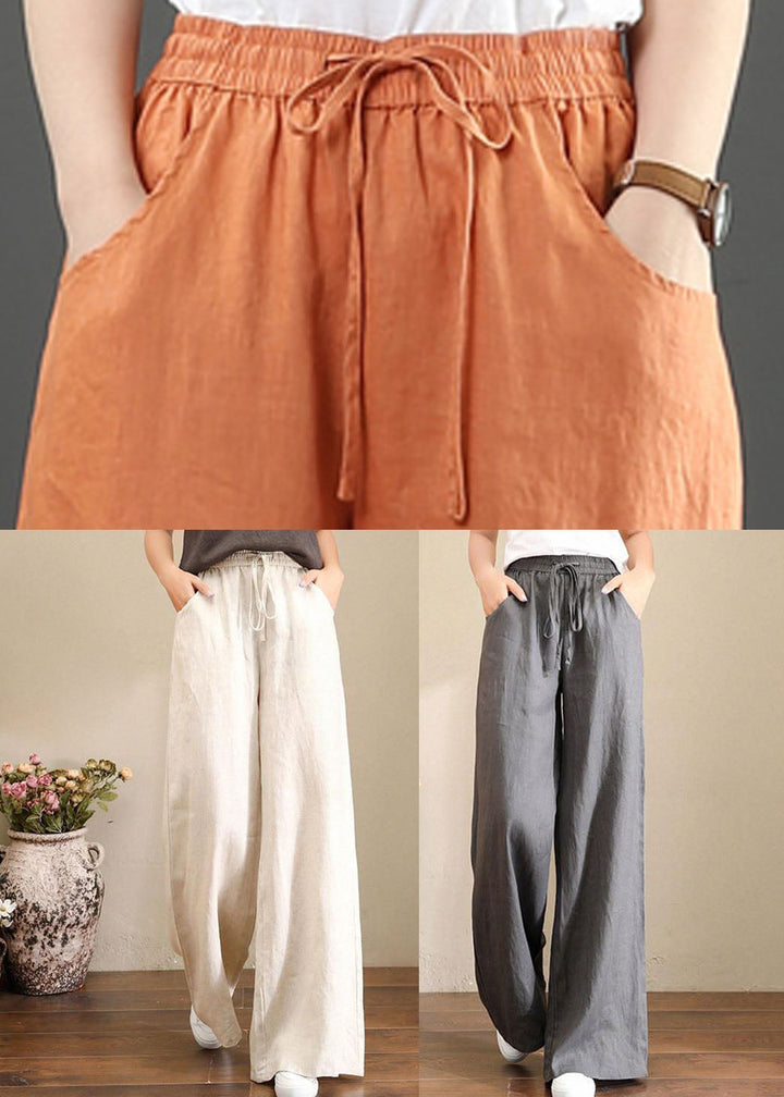 Orange Drawstring Straight Linen Pants