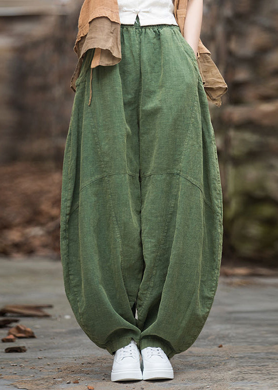 Green Patchwork Elastic Waist Linen Pants