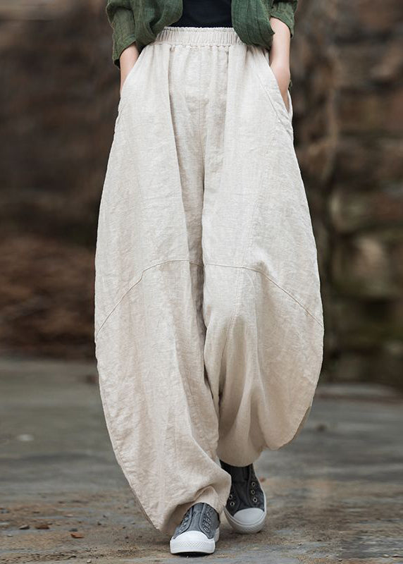 Green Patchwork Elastic Waist Linen Pants
