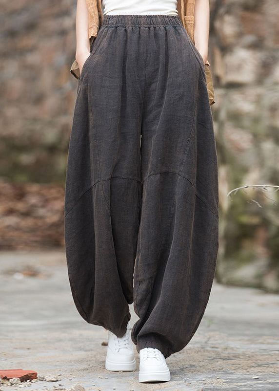 Green Patchwork Elastic Waist Linen Pants