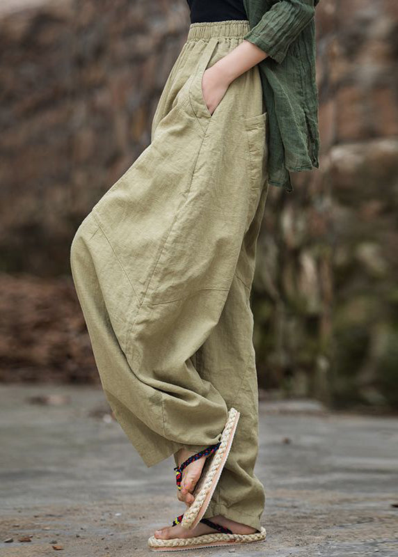 Green Patchwork Elastic Waist Linen Pants