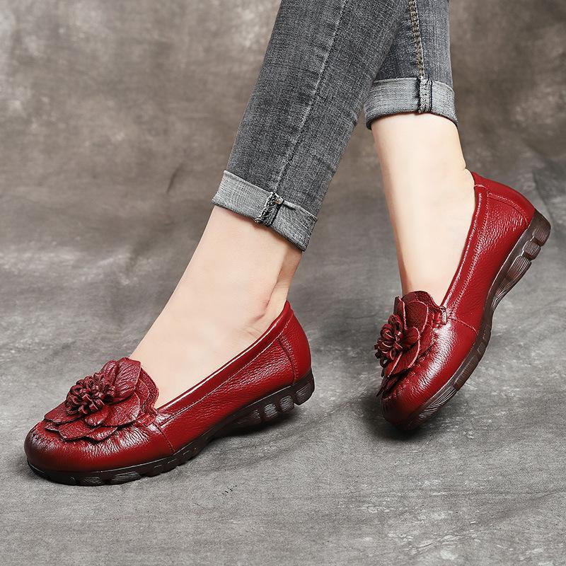 Red Cowhide Floral Flat Shoes