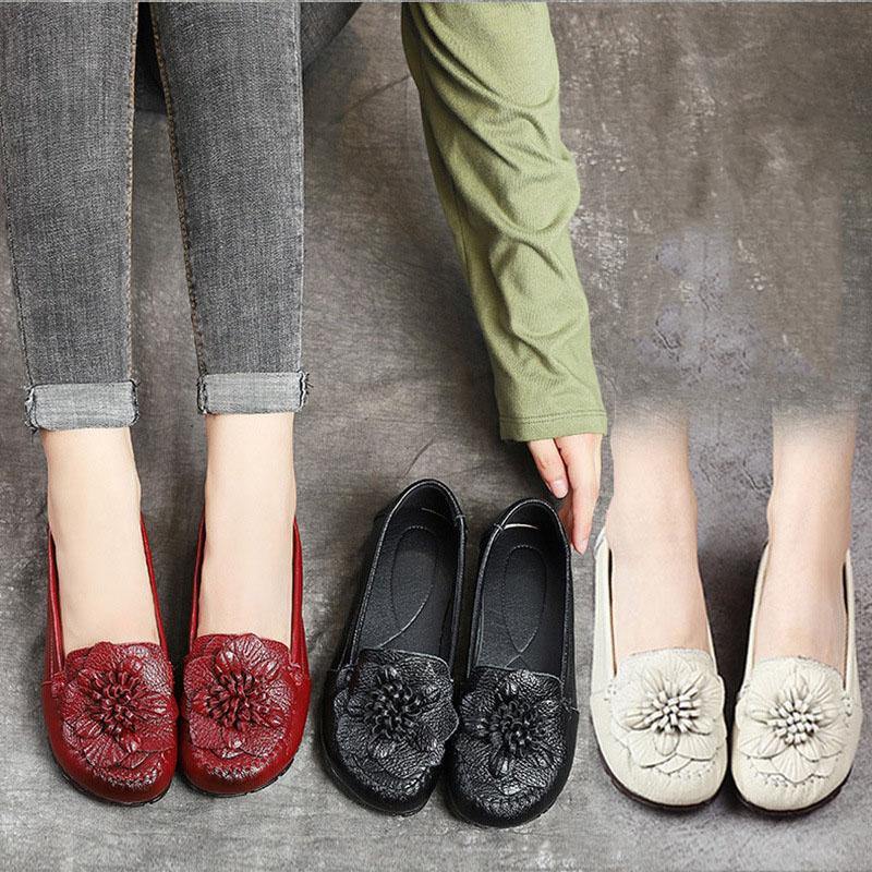 Red Cowhide Floral Flat Shoes
