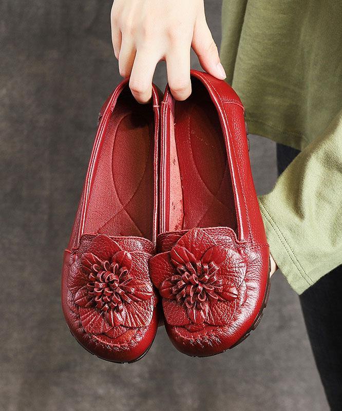 Red Cowhide Floral Flat Shoes