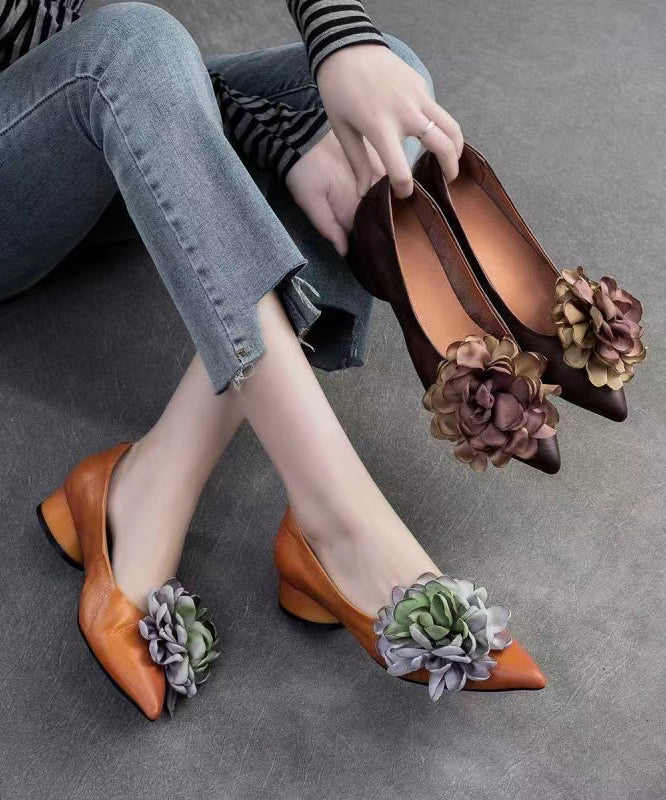 Camel Floral Cowhide Pointed Toe Flats