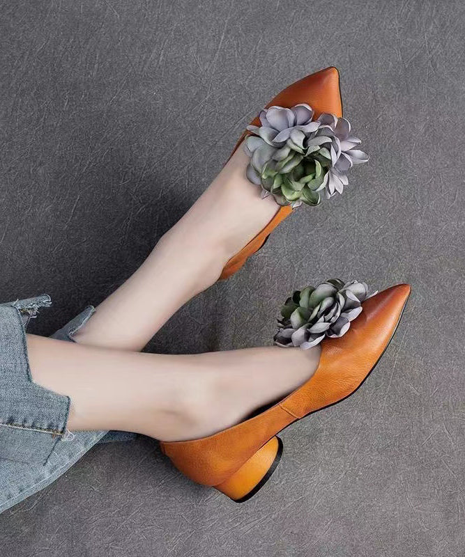 Camel Floral Cowhide Pointed Toe Flats
