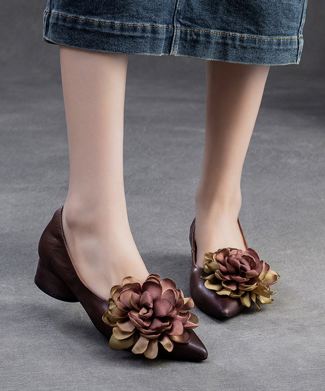 Camel Floral Cowhide Pointed Toe Flats