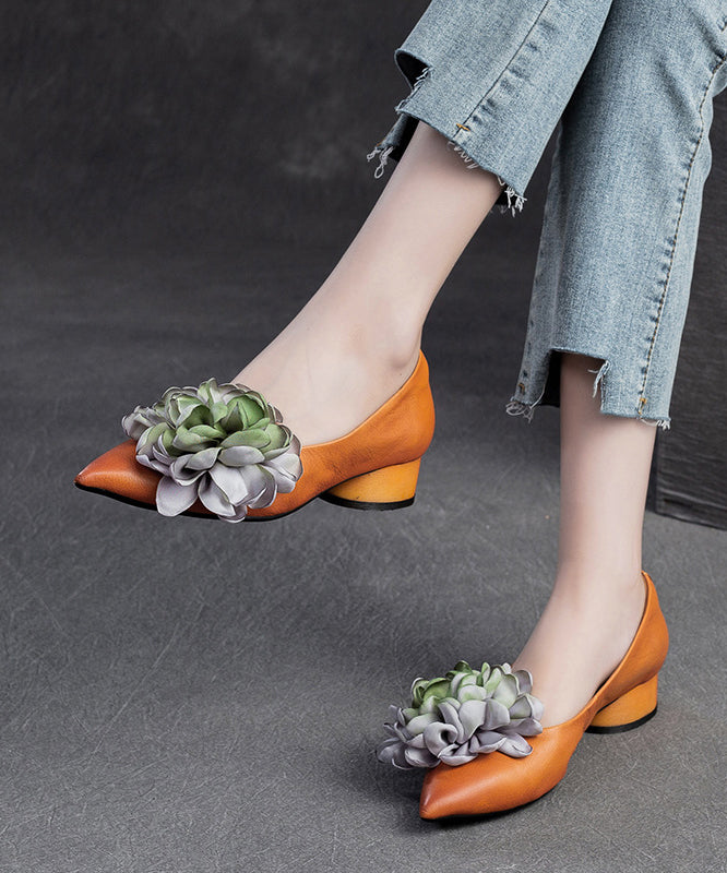 Camel Floral Cowhide Pointed Toe Flats