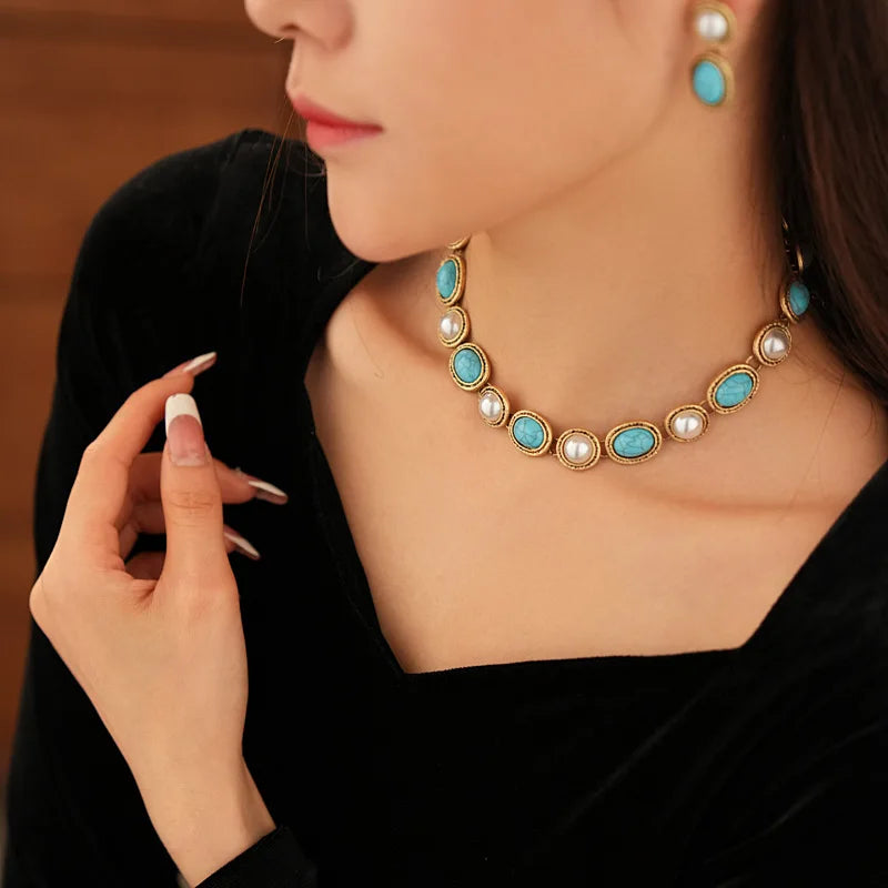 Skye | Turquoise & Pearl Antique Gold Statement Set