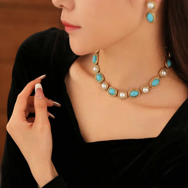 Skye | Turquoise & Pearl Antique Gold Statement Set
