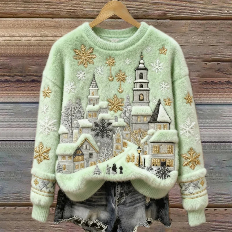 Cosy Winter Jumper | Snowy Village (Green)