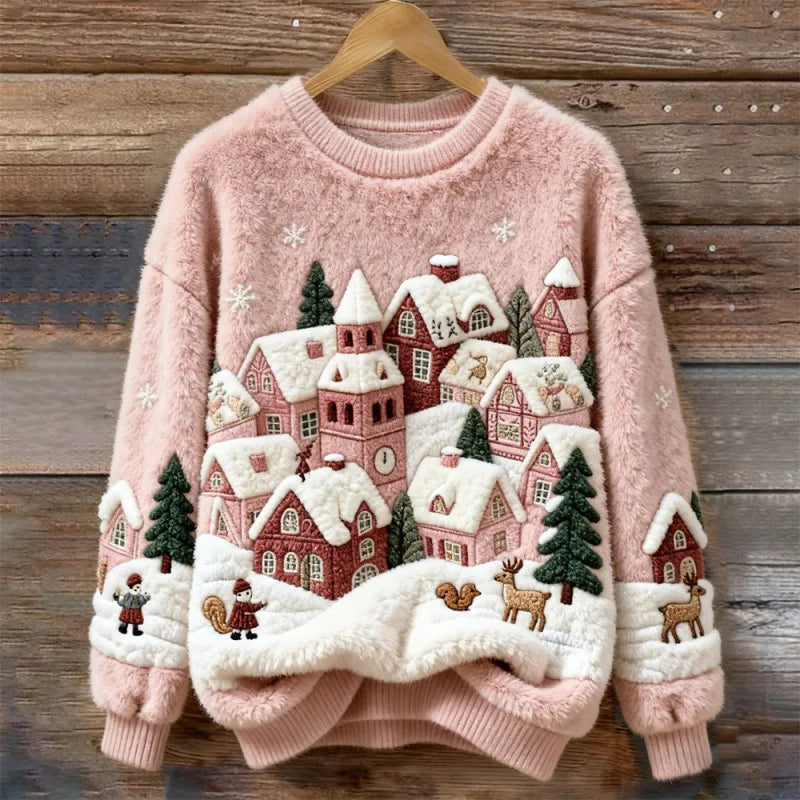 Cosy Winter Jumper | Snowy Village (Pink)