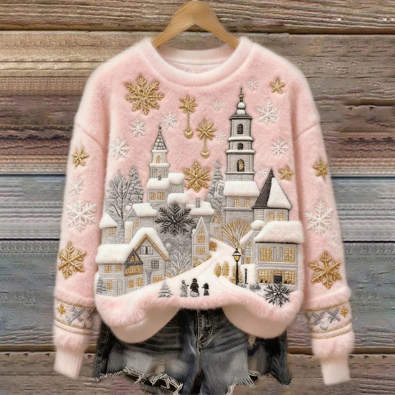 Cosy Winter Jumper | Snowy Village (Rose)