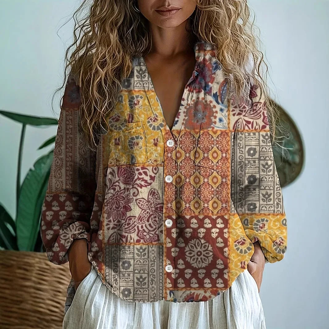 Renée | Printed V-Neck Long Sleeve Blouse