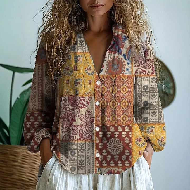 Renée | Printed V-Neck Long Sleeve Blouse