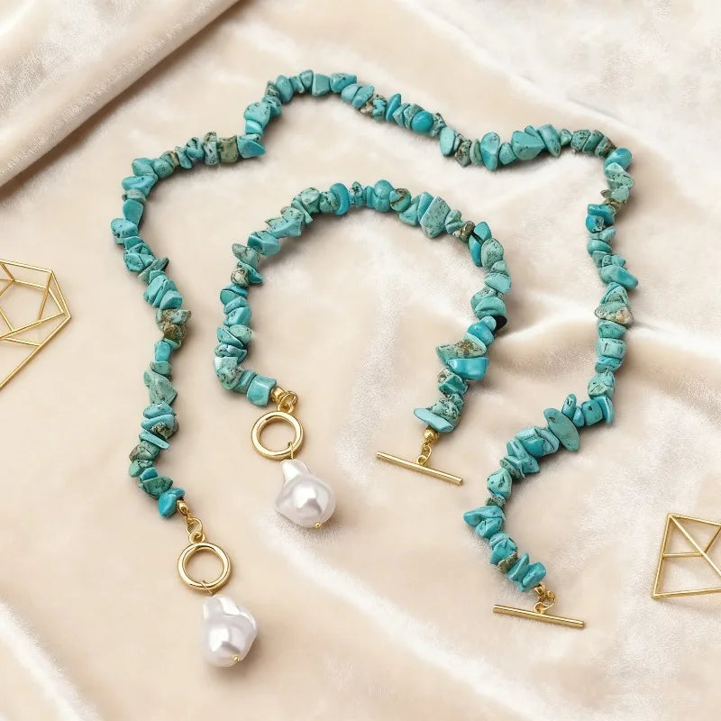 Fern | Turquoise Chip & Baroque Pearl Toggle Necklace