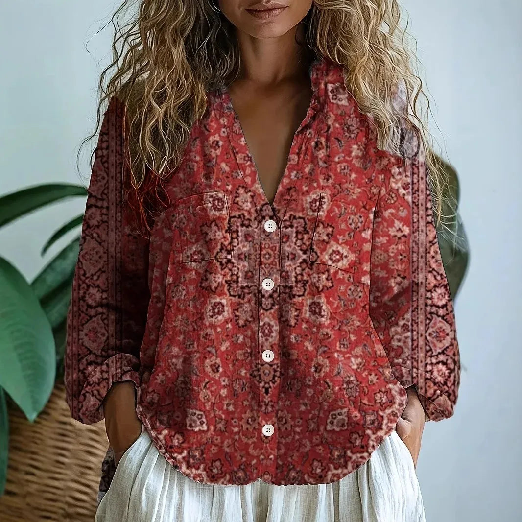 Renée | Printed V-Neck Long Sleeve Blouse