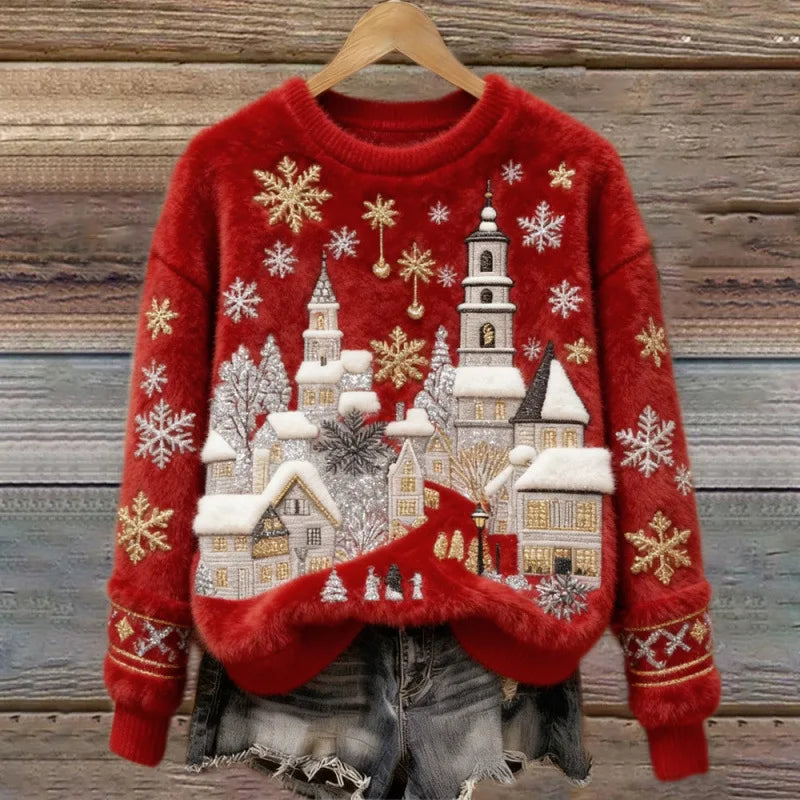 Cosy Winter Jumper | Snowy Village (Red)