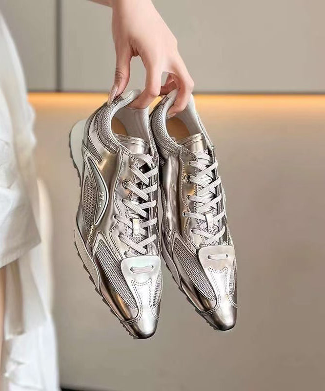 Silver Faux Leather Lace-Up Sport Flats