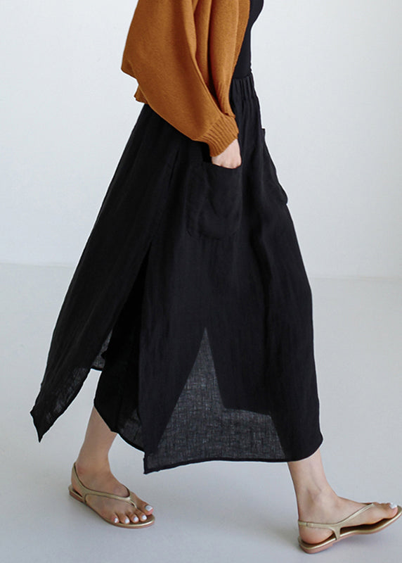 Black Side-Open Linen Pants Skirt