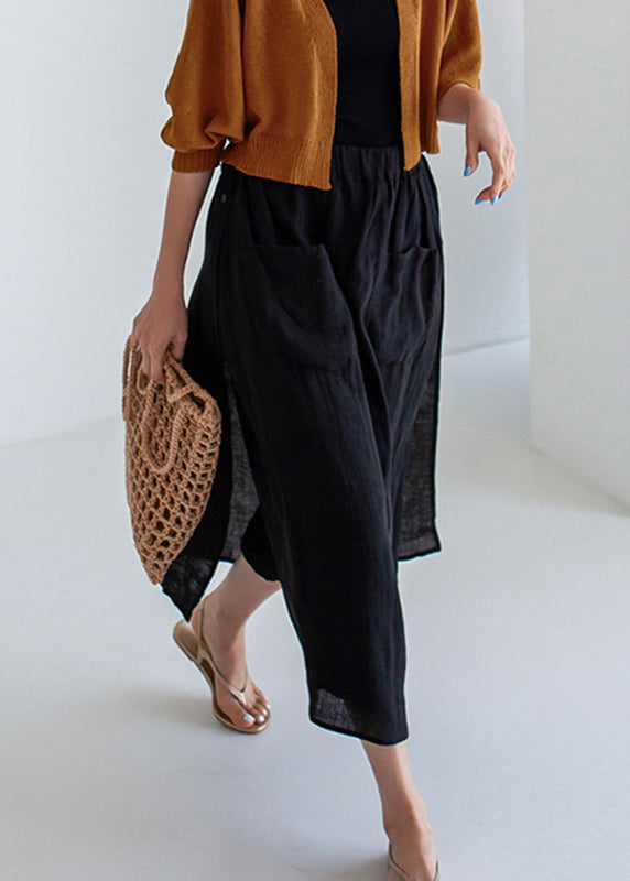 Black Side-Open Linen Pants Skirt