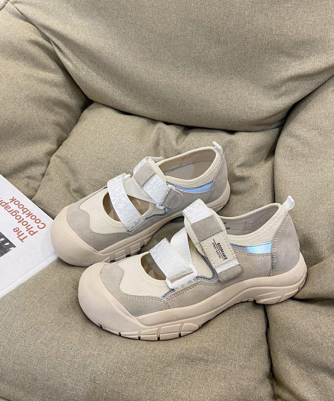 Beige Synthetic Cross Strap Flat Shoes