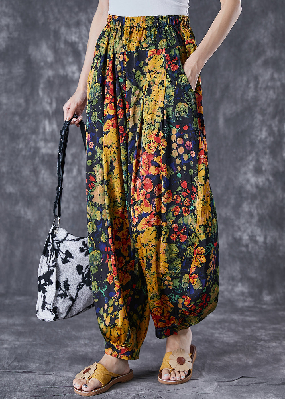 Oversized Print Linen Silk Harem Pants
