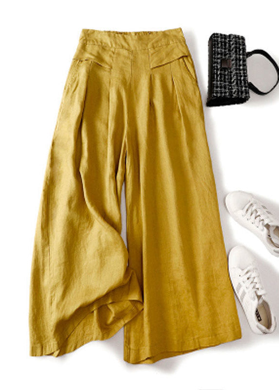 Yellow Elastic Waist Pocket Linen Pants