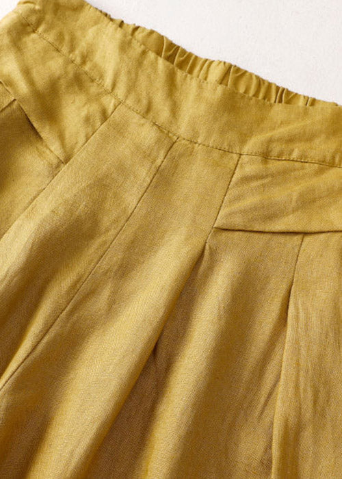 Yellow Elastic Waist Pocket Linen Pants