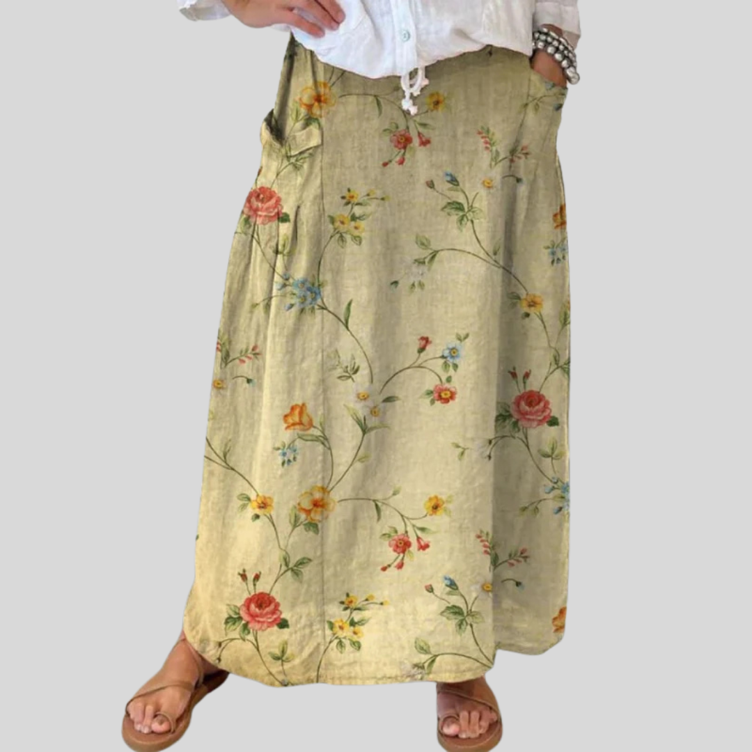 Mella | Retro Elegant Floral Art Elastic Waistband Pocket Skirt