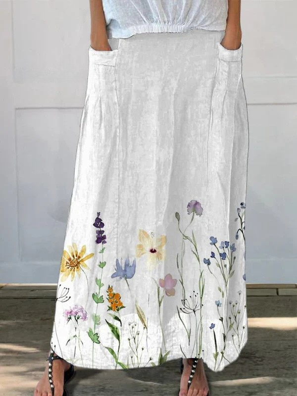 Kisha | Watercolor Spring Meadows Art Printed Elastic Waistband Pocket Skirt