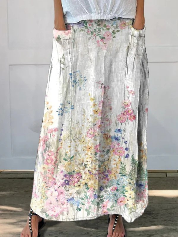Roxane | Vintage Botanical Floral Elastic Waistband Pocket Skirt