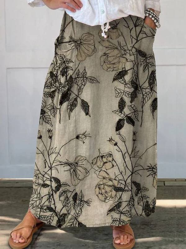 Jaizy | Retro Floral Art Elastic Waistband Pocket Skirt
