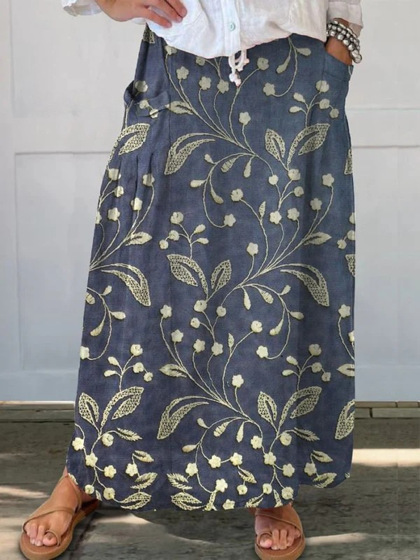 Josa | Retro Floral Art Elastic Waistband Pocket Skirt
