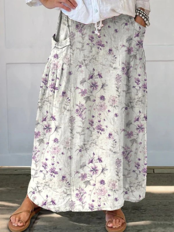 Eloisa | Vintage Floral Art Elastic Waistband Pocket Skirt
