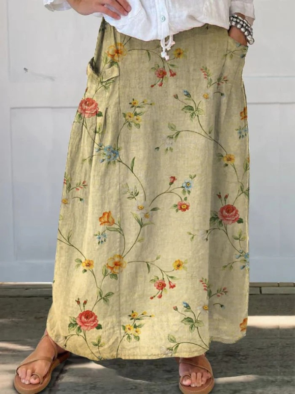 Mella | Retro Elegant Floral Art Elastic Waistband Pocket Skirt