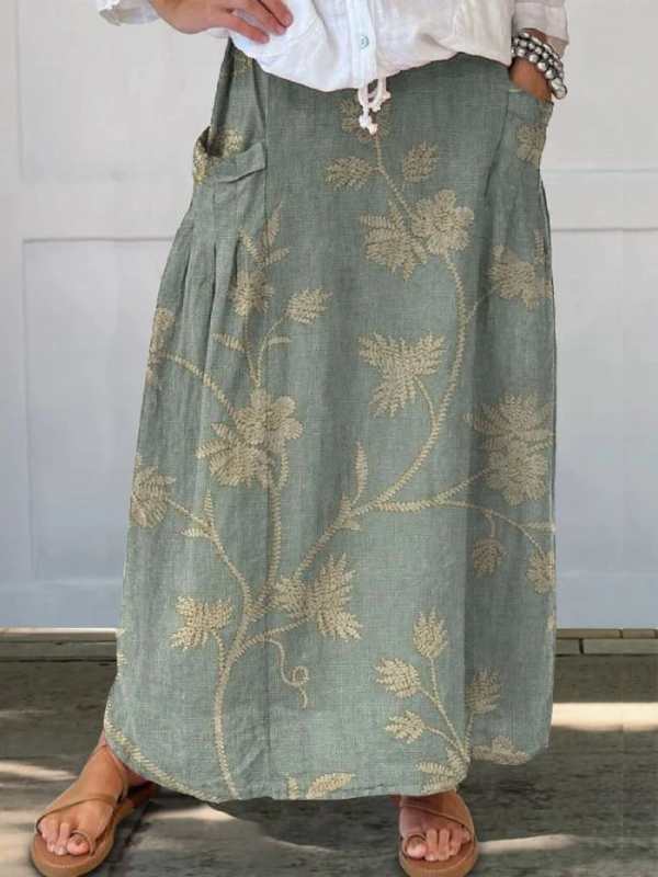 Mella | Retro Elegant Floral Art Elastic Waistband Pocket Skirt
