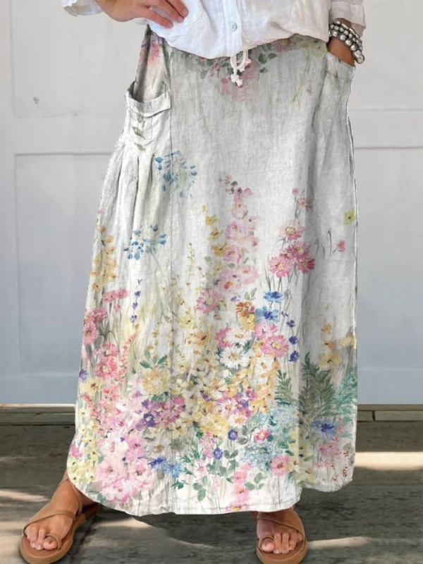 Mella | Retro Elegant Floral Art Elastic Waistband Pocket Skirt