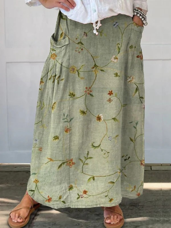 Jaizy | Retro Floral Art Elastic Waistband Pocket Skirt