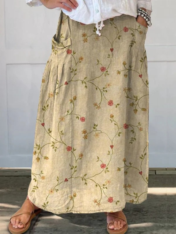 Shane | Retro Floral Art Elastic Waistband Pocket Skirt